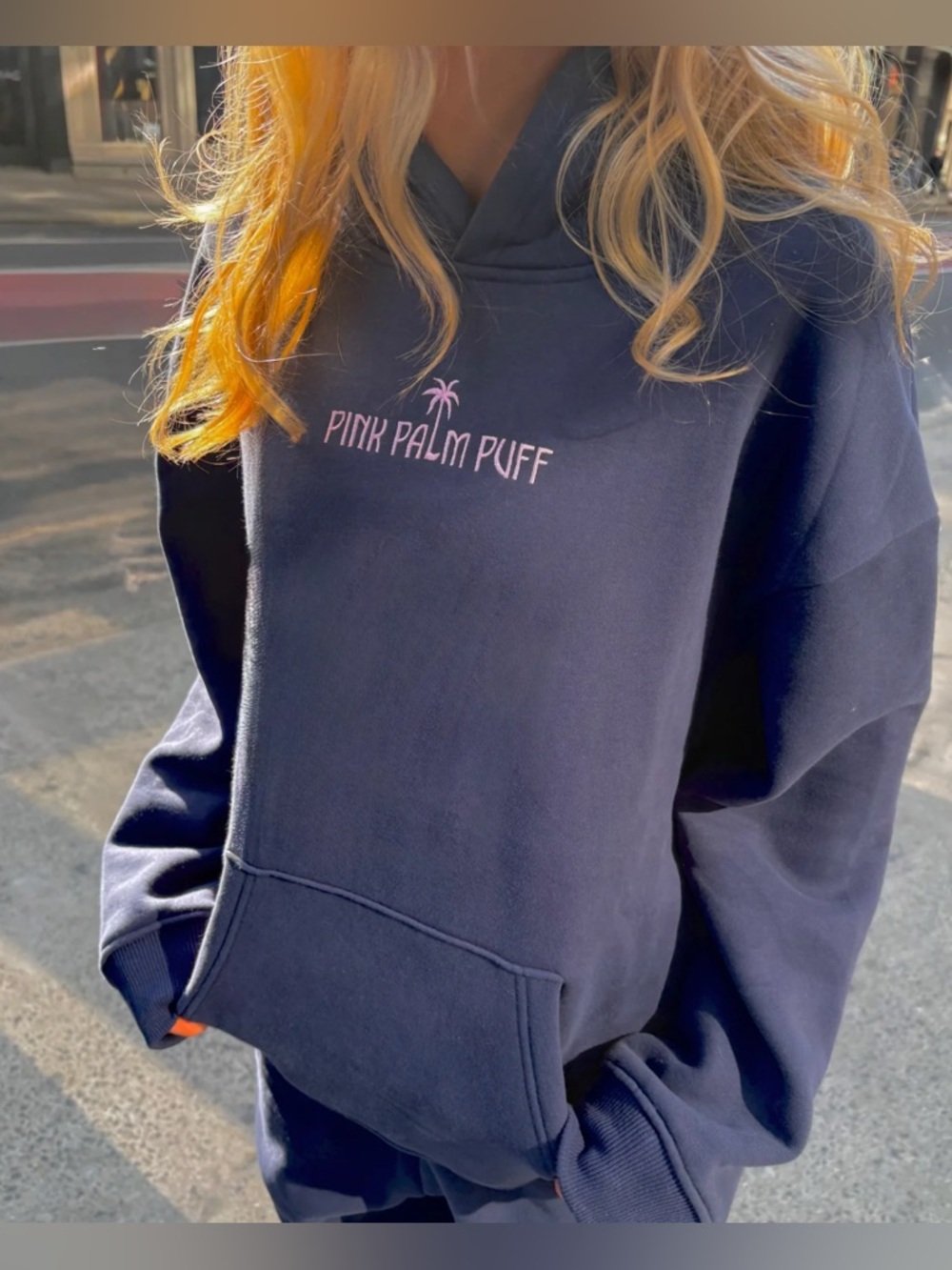 Pink Palm Puff Classic Sweatsuit, Hoodie And Pants- Navy - Small